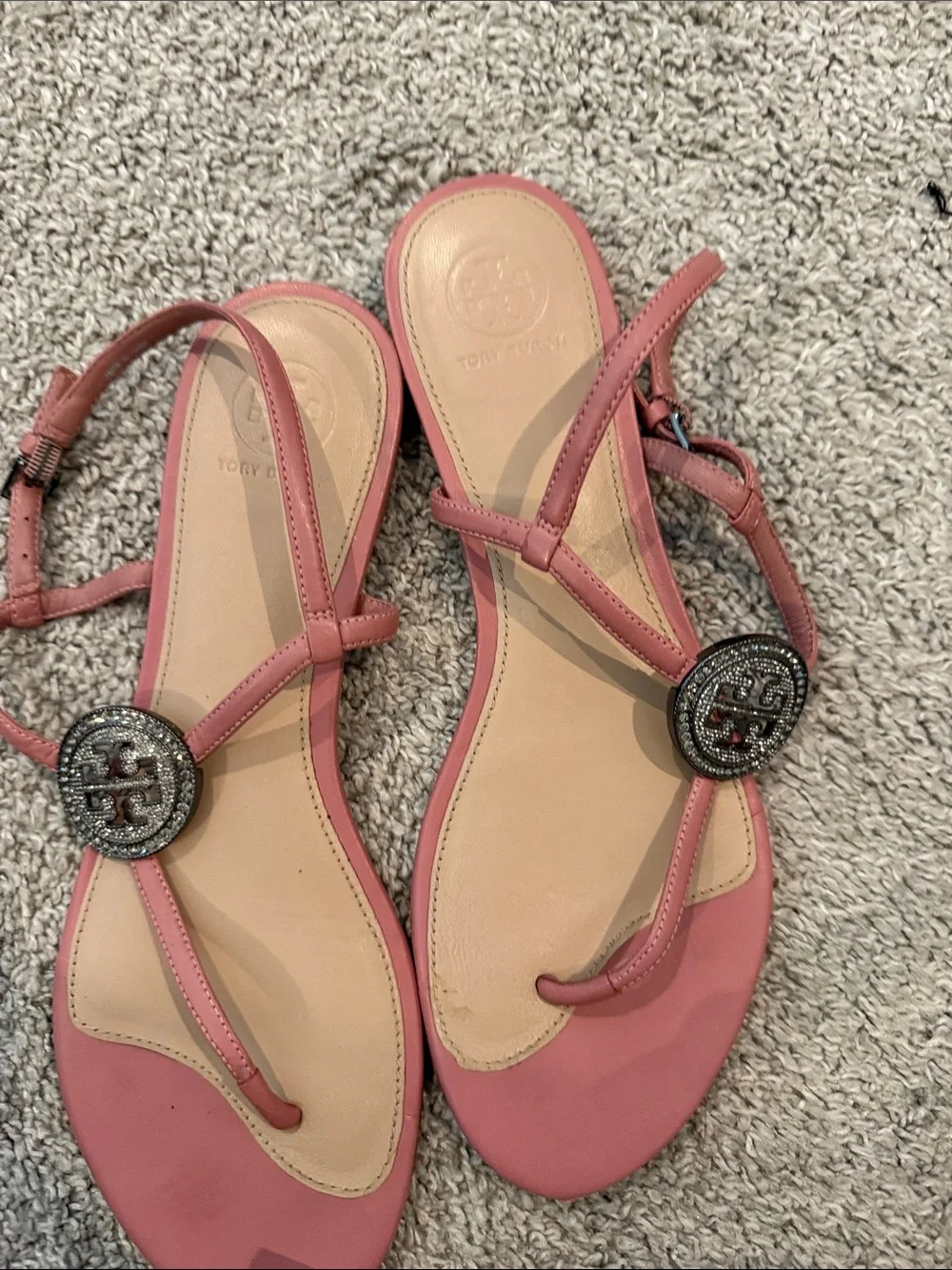 Tory Burch Pink Crystal Logo Thong Sandals